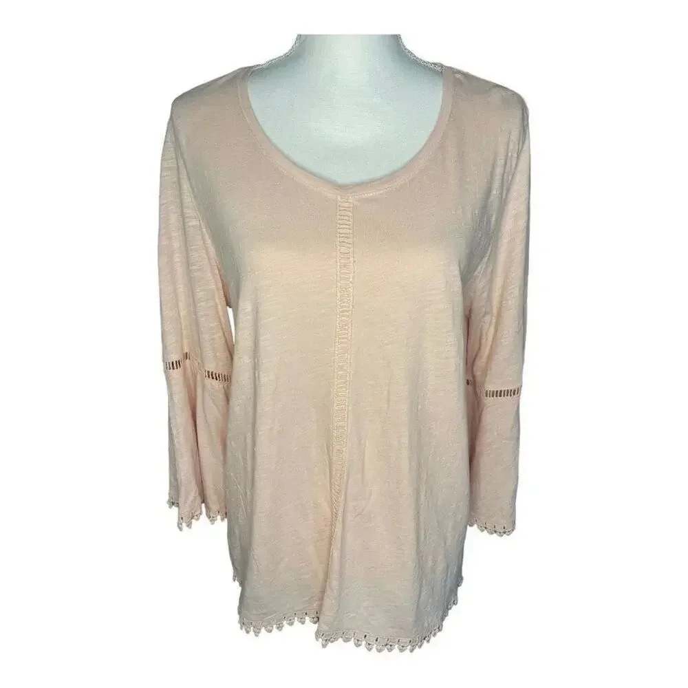 Style & Co. Women's Medium Pink Crochet Trim Bell Sleeve Top